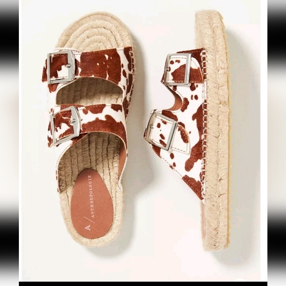 Anthropologie Womens Calf Hair Cow Print  Double Buckle Espadrille Slide Sandals